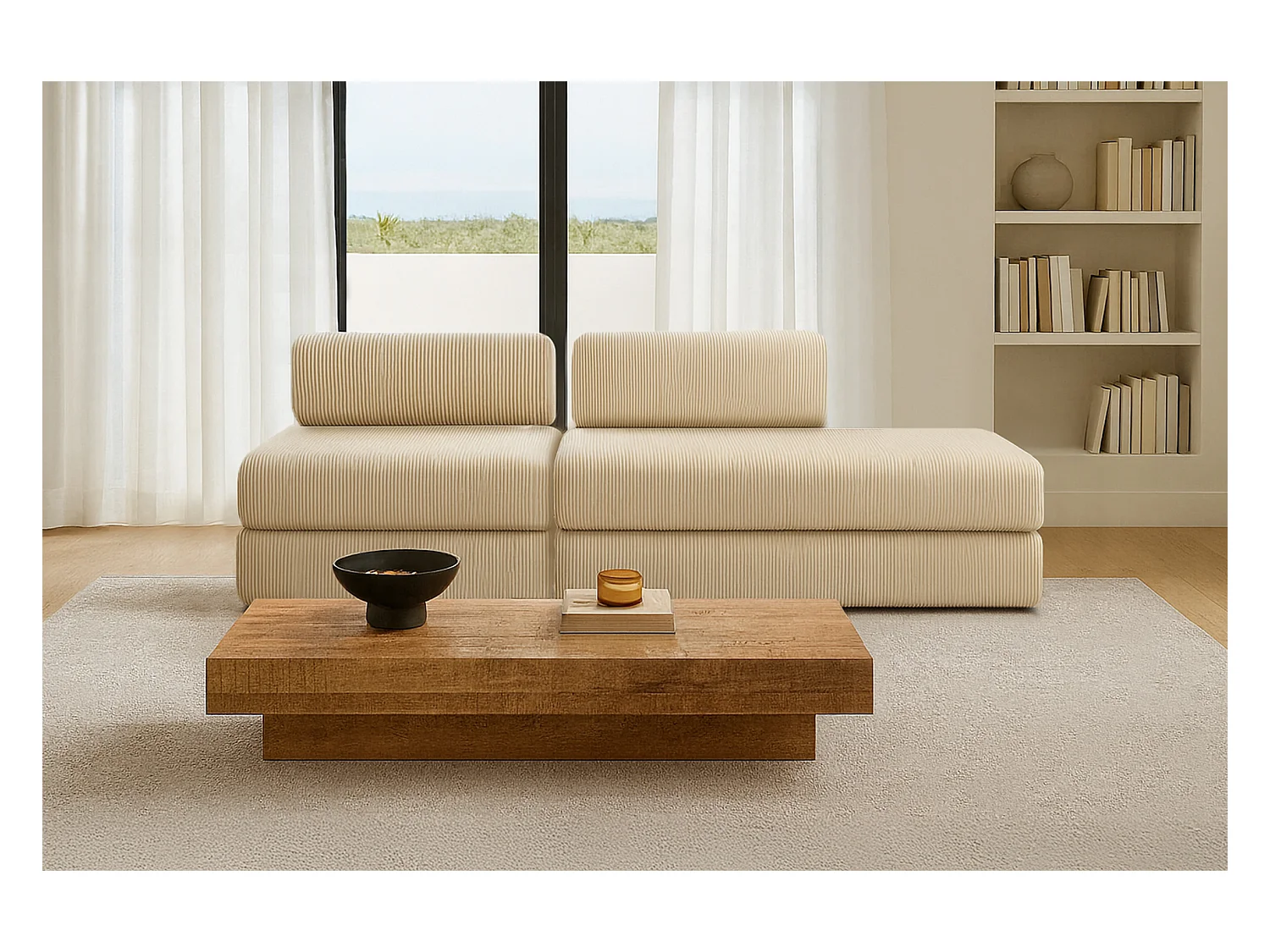 Canapé droit modulable et convertible 3 places - Velours côtelé - Beige