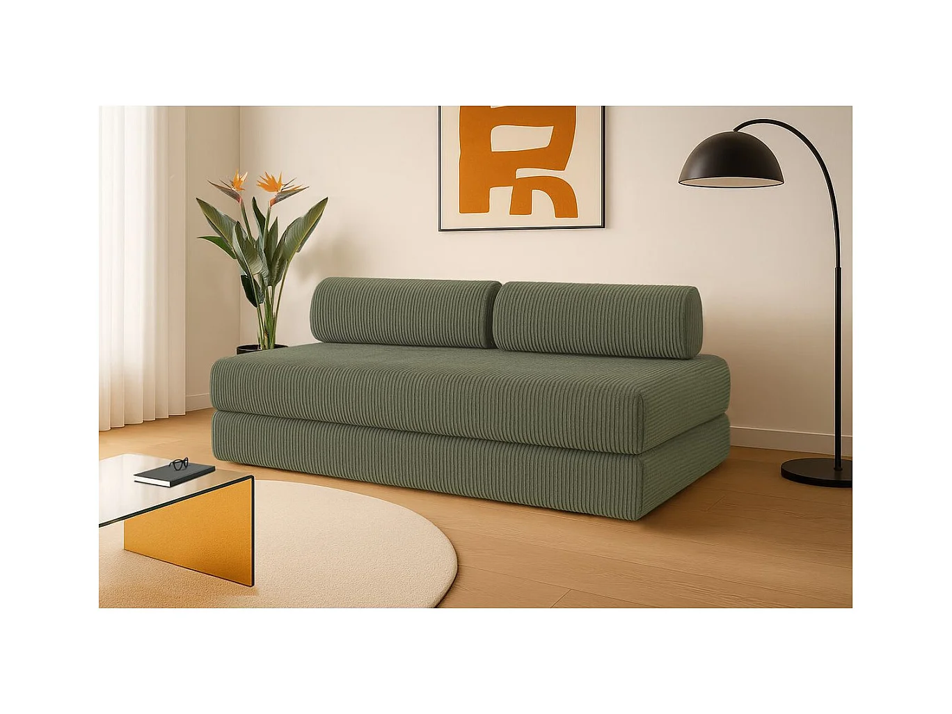 Canapé droit modulable et convertible 3 places - Velours côtelé - Vert