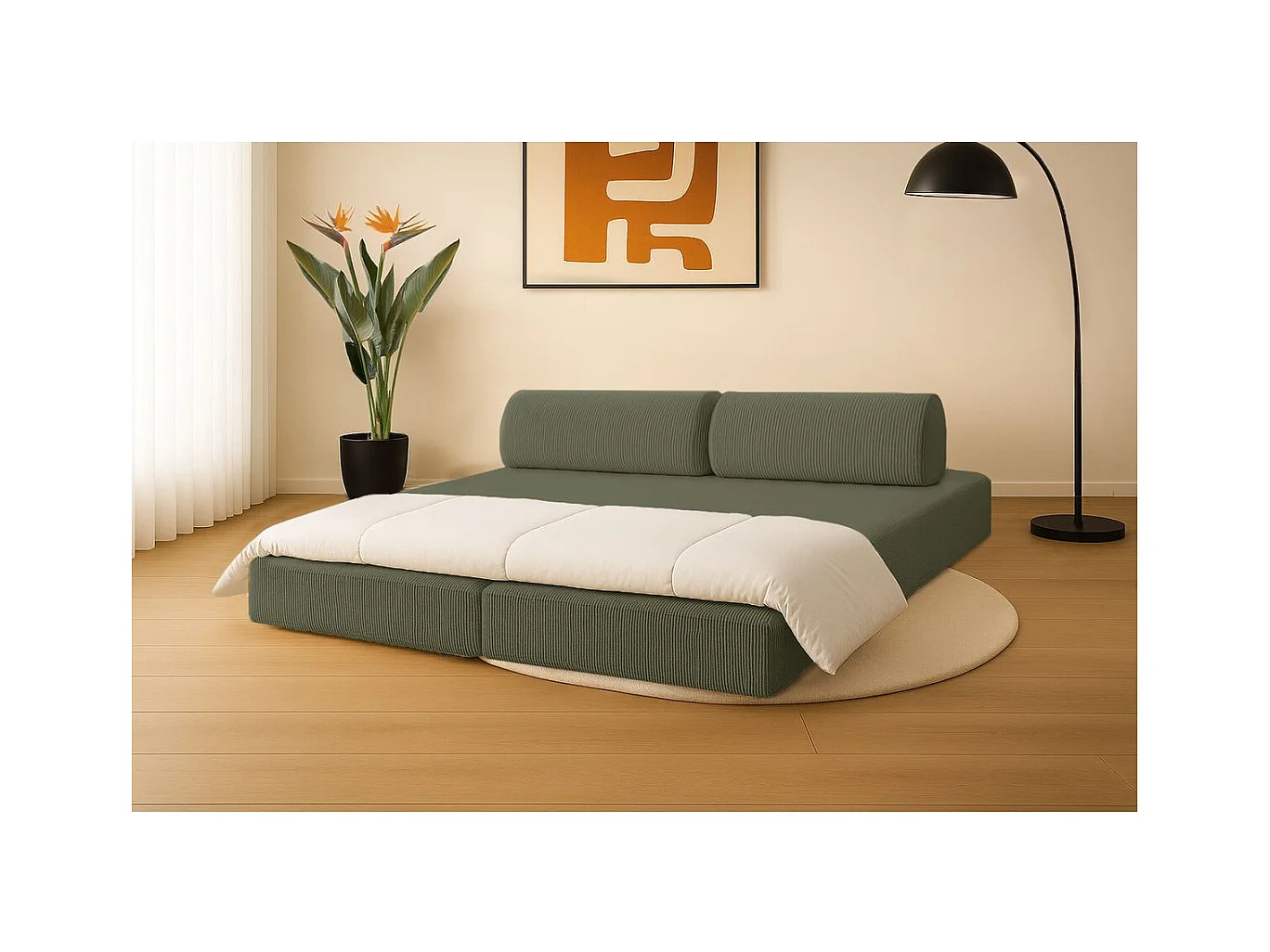 Canapé droit modulable et convertible 3 places - Velours côtelé - Vert