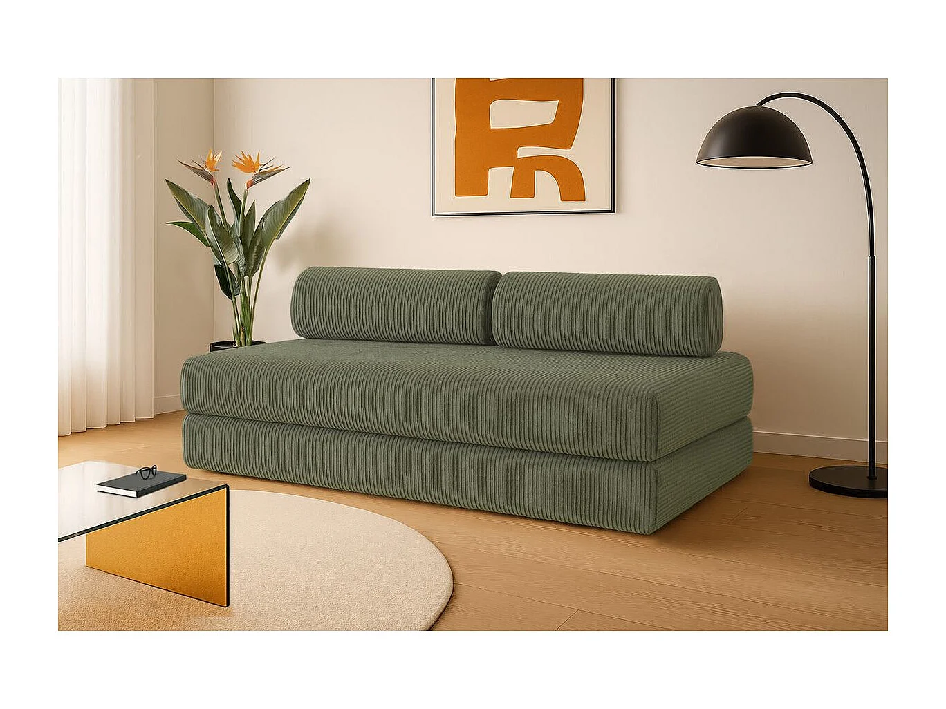 Canapé droit modulable et convertible 3 places - Velours côtelé - Vert