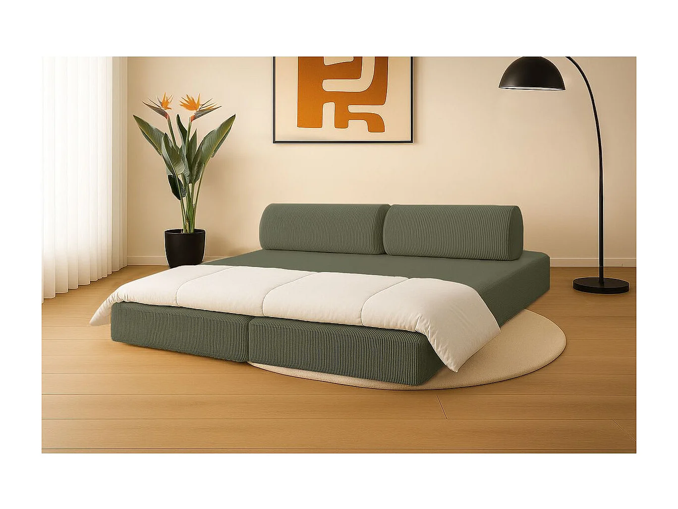 Canapé droit modulable et convertible 3 places - Velours côtelé - Vert