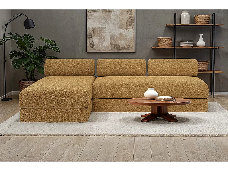 Canapé d'angle modulable et convertible 6 places - Tissu tweed - Jaune