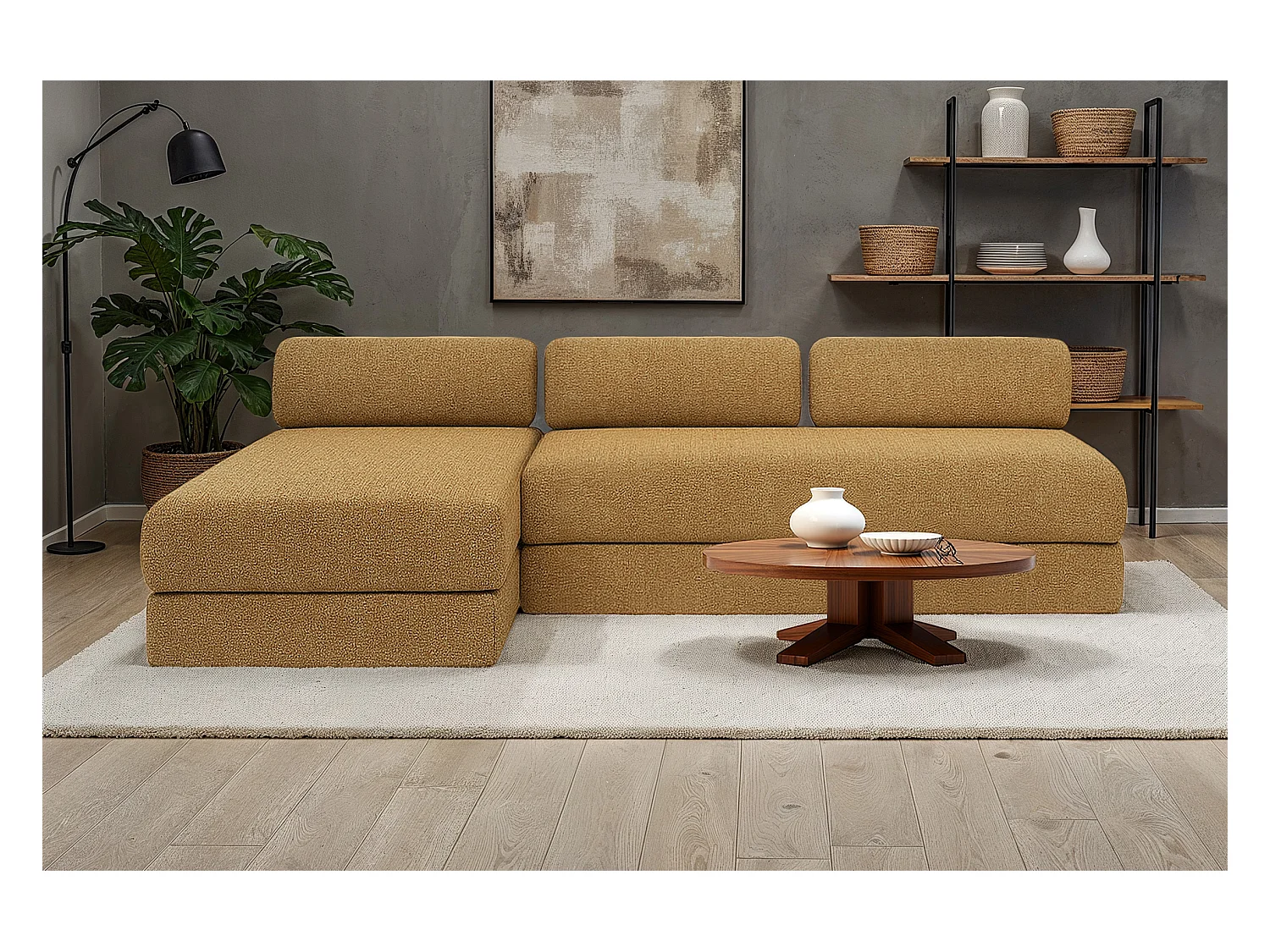 Canapé d'angle modulable et convertible 6 places - Tissu tweed - Jaune