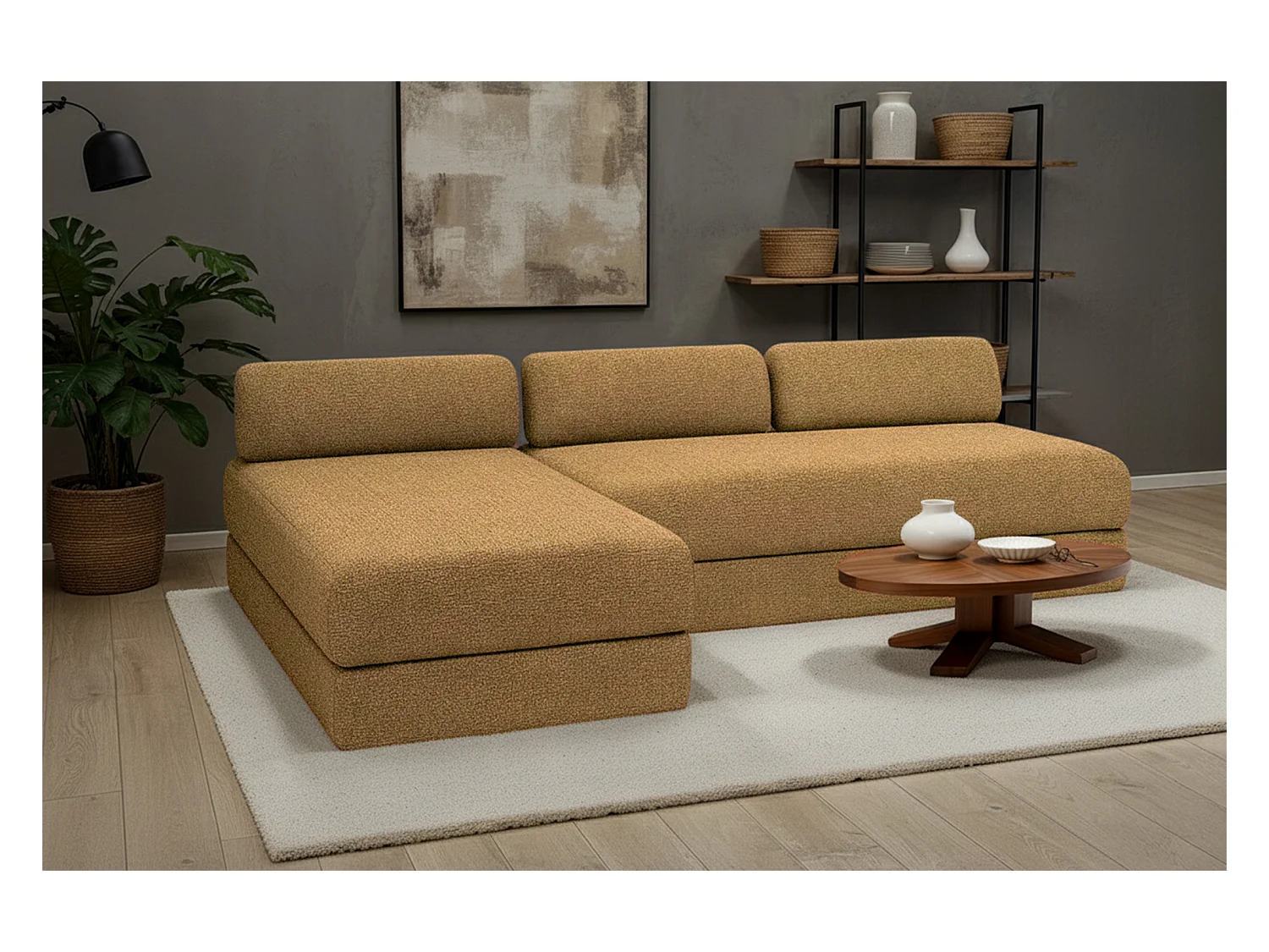 Canapé d'angle modulable et convertible 6 places - Tissu tweed - Jaune