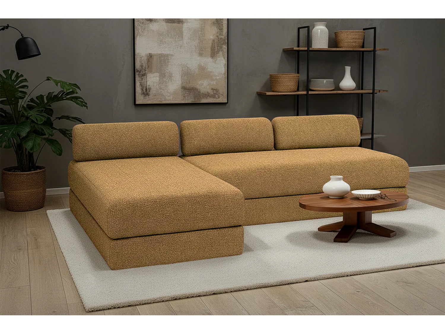 Canapé d'angle modulable et convertible 6 places - Tissu tweed - Jaune