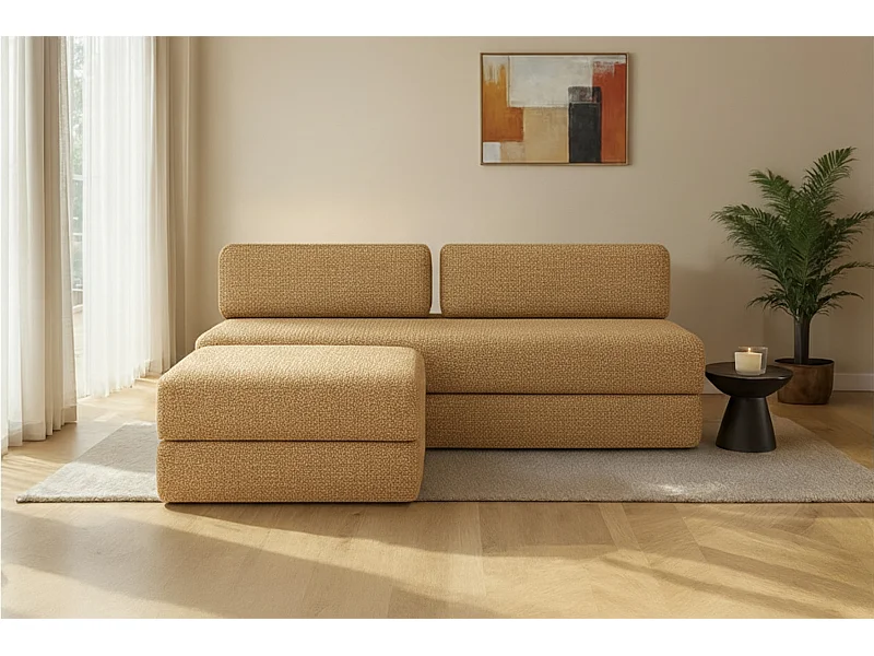 Canapé d'angle modulable et convertible 4 places - Tissu tweed - Jaune