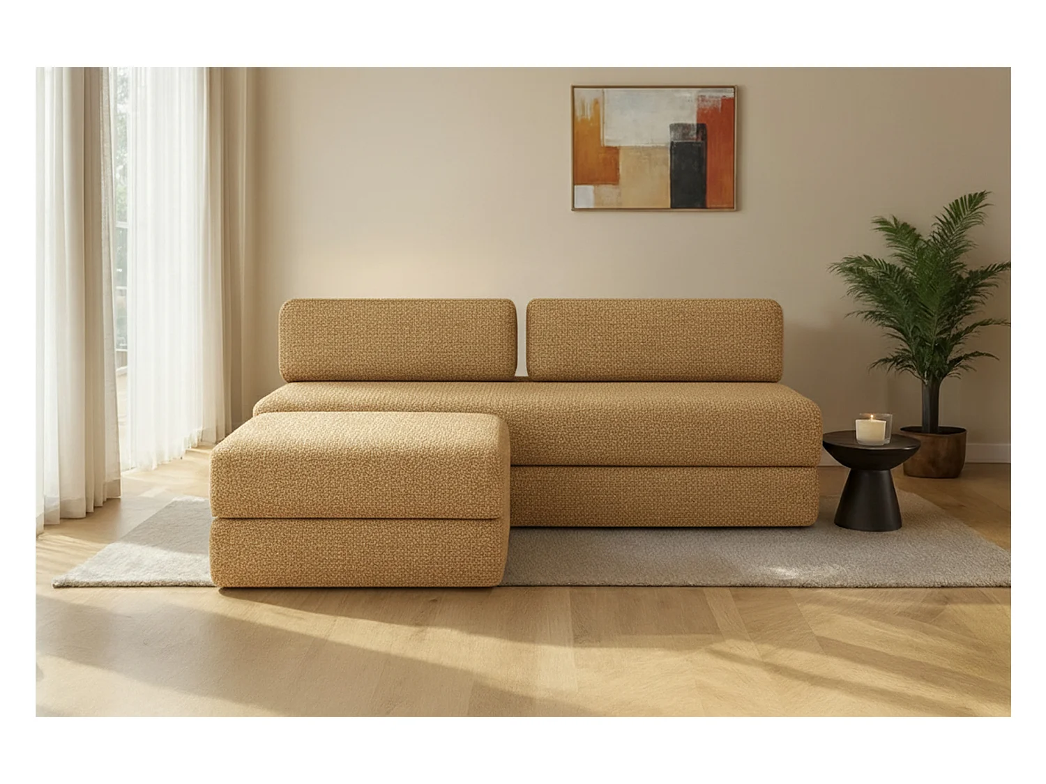 Canapé d'angle modulable et convertible 4 places - Tissu tweed - Jaune