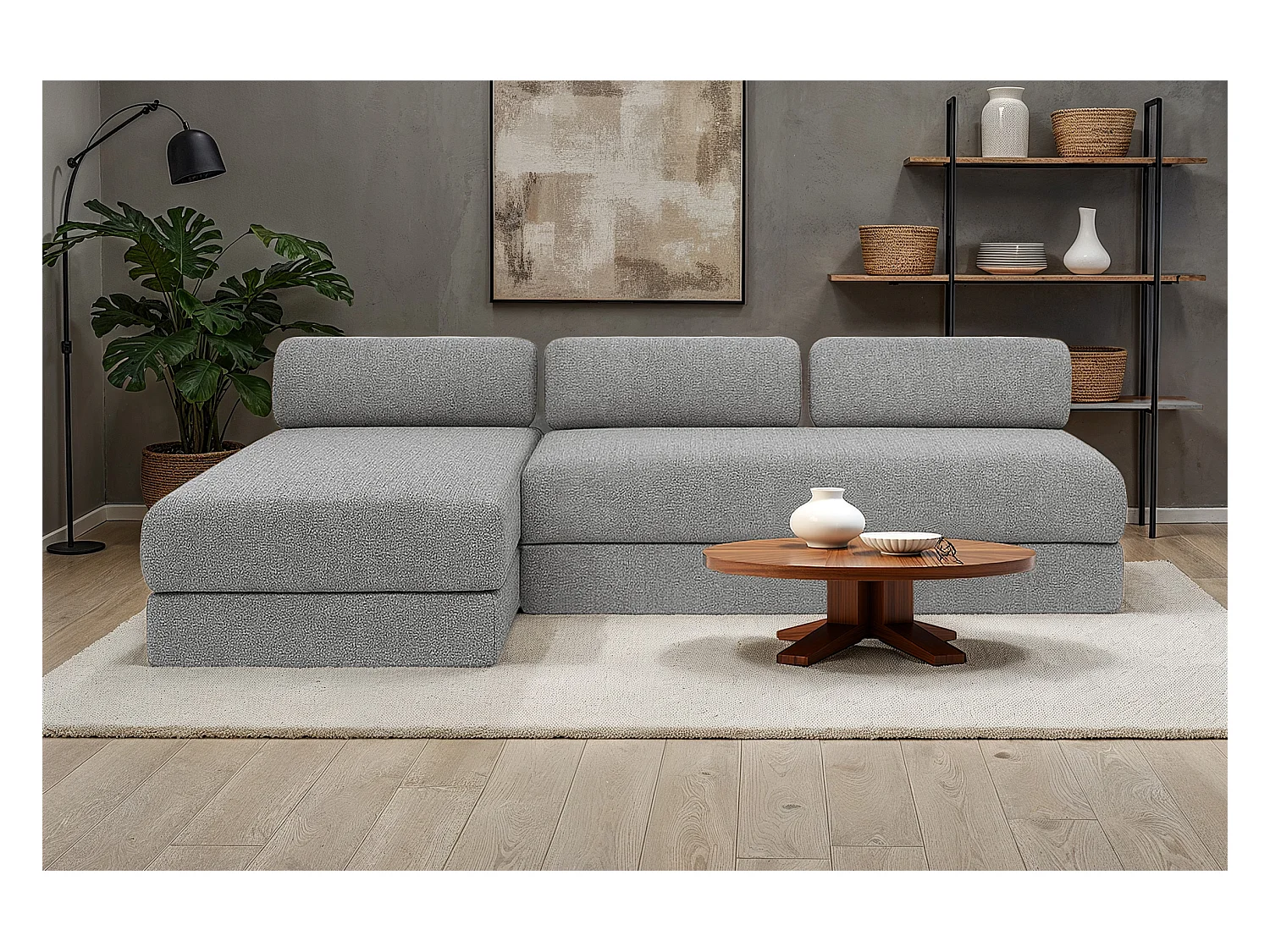 Canapé d'angle modulable et convertible 6 places - Tissu tweed - Gris