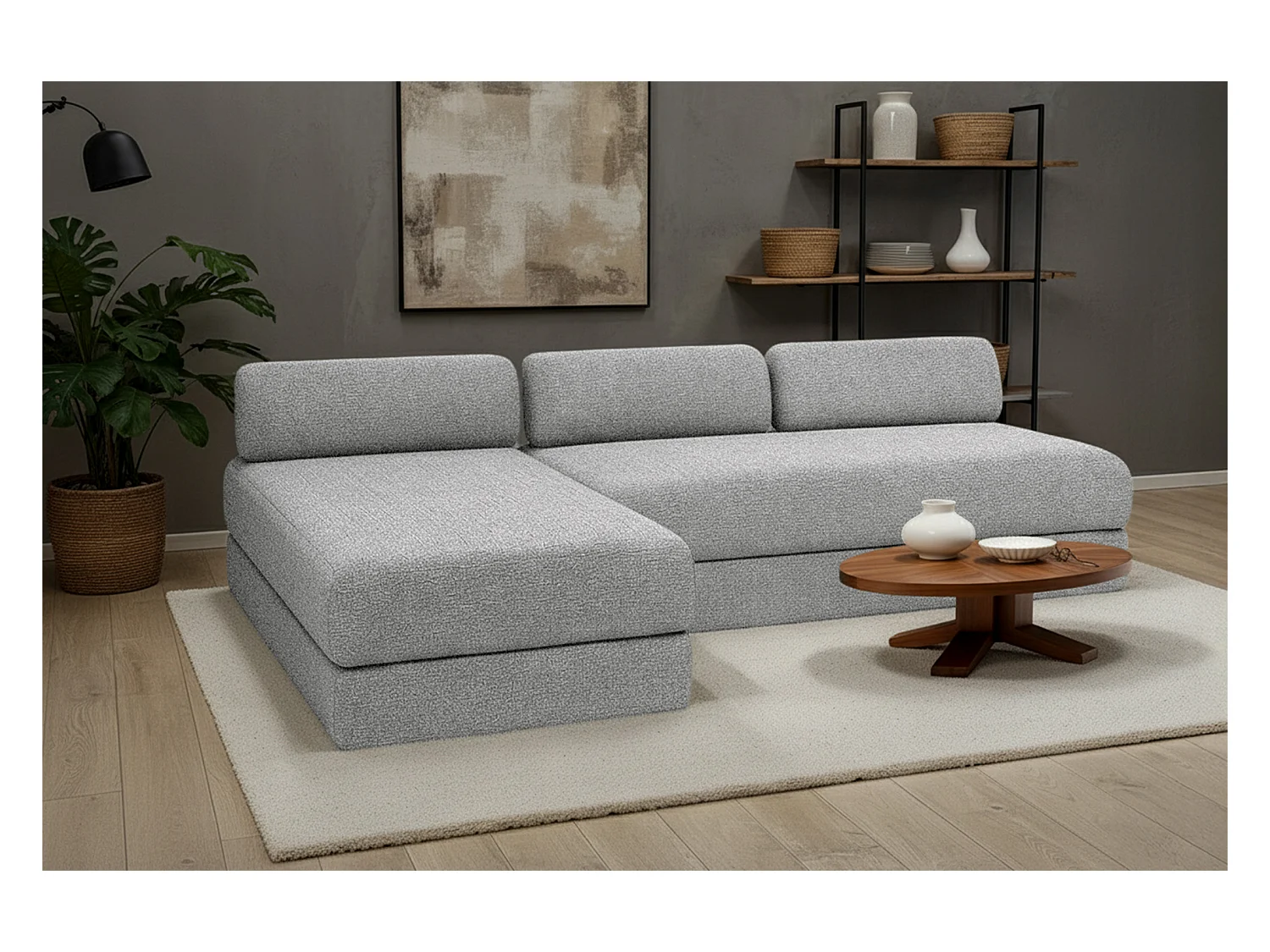 Canapé d'angle modulable et convertible 6 places - Tissu tweed - Gris