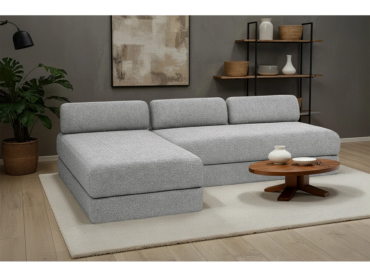 Canapé d'angle modulable et convertible 6 places - Tissu tweed - Gris