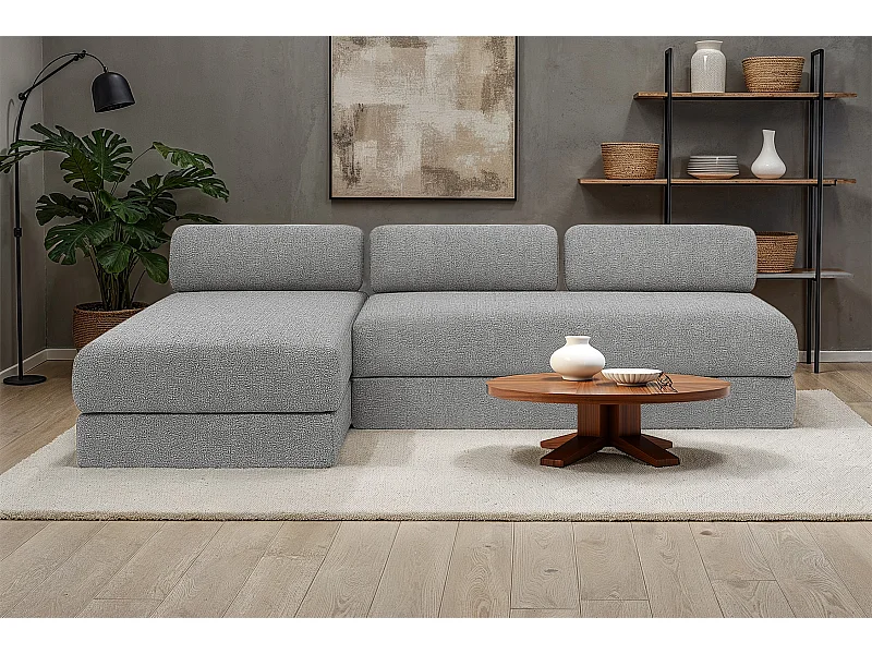 Canapé d'angle modulable et convertible 6 places - Tissu tweed - Gris