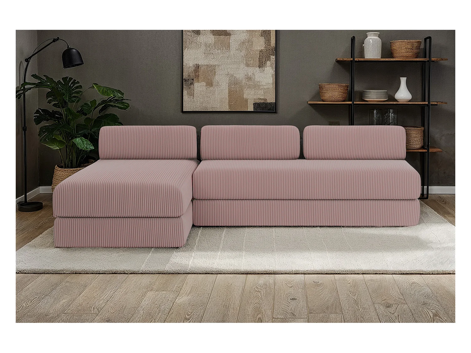 Canapé d'angle modulable et convertible 6 places - Velours côtelé - Rose pâle