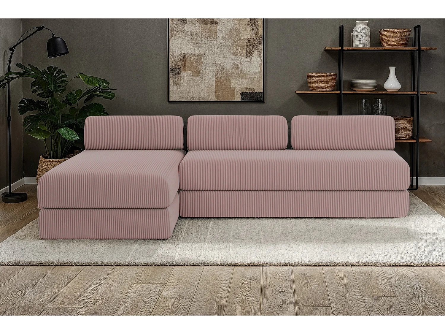 Canapé d'angle modulable et convertible 6 places - Velours côtelé - Rose pâle