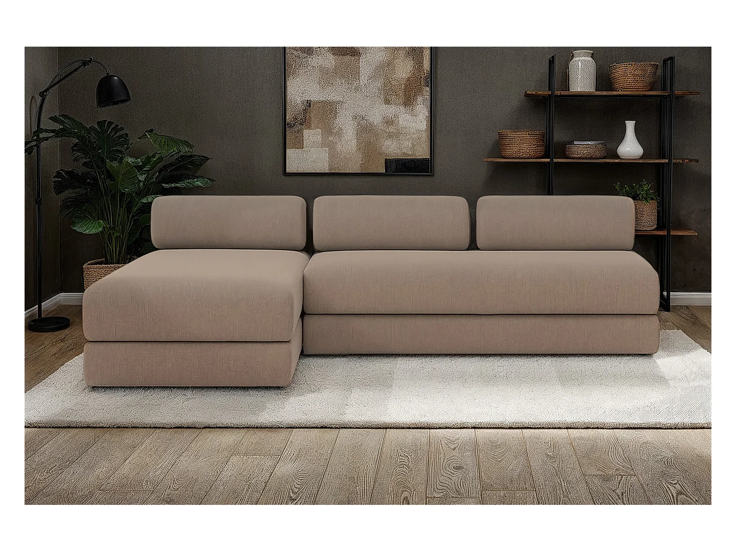 Canapé d'angle modulable et convertible 6 places - Tissu lisse - Marron