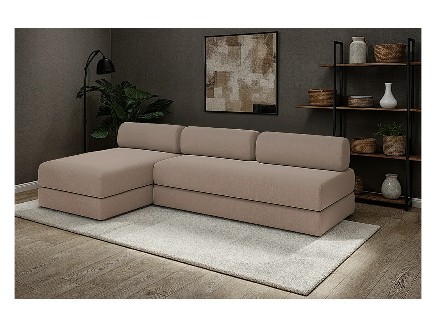 Canapé d'angle modulable et convertible 6 places - Tissu lisse - Marron