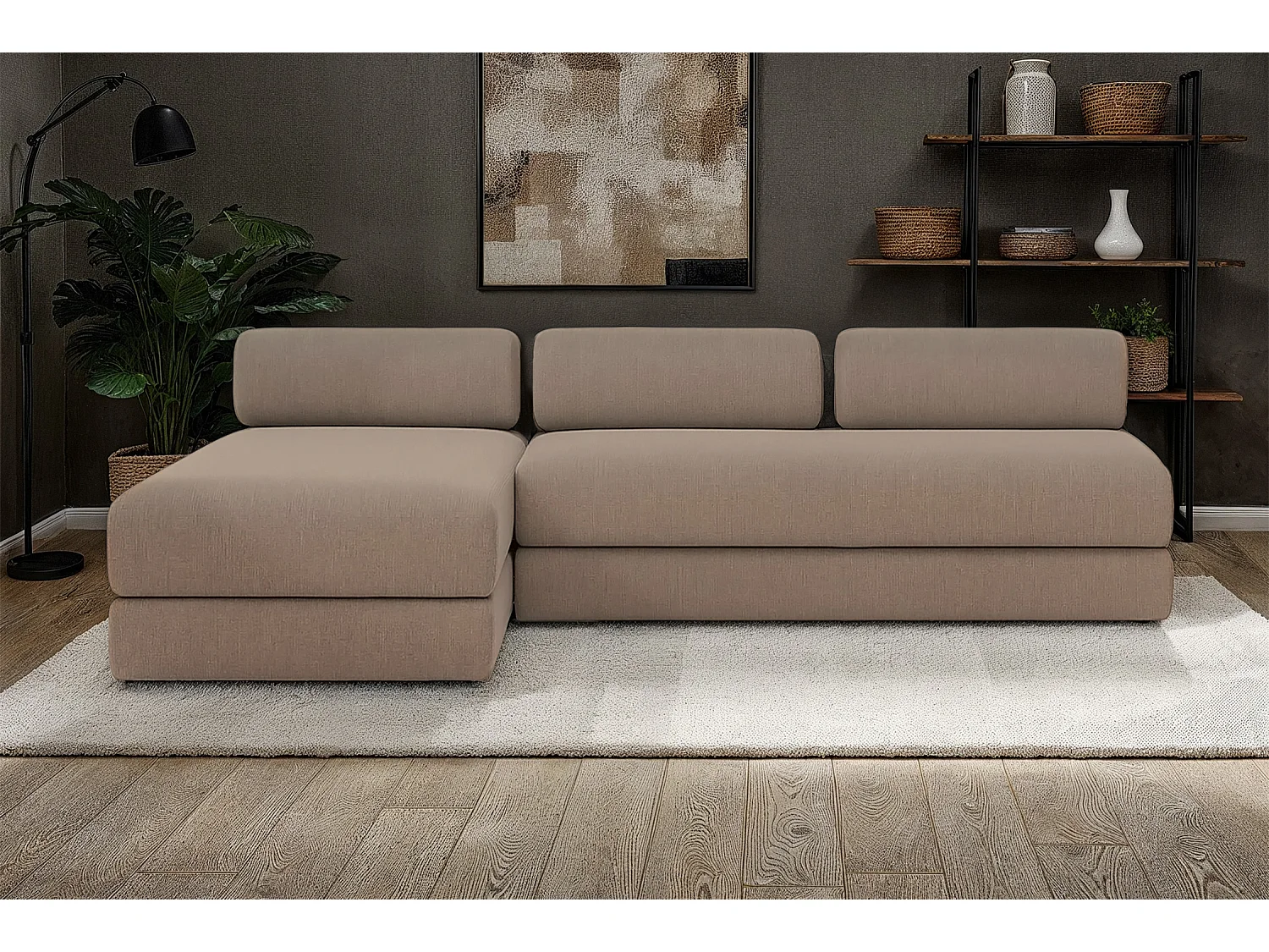 Canapé d'angle modulable et convertible 6 places - Tissu lisse - Marron