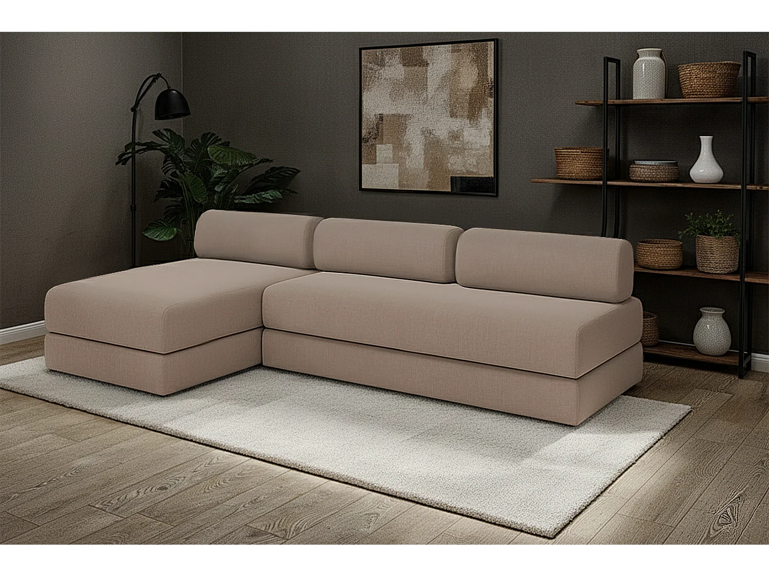 Canapé d'angle modulable et convertible 6 places - Tissu lisse - Marron