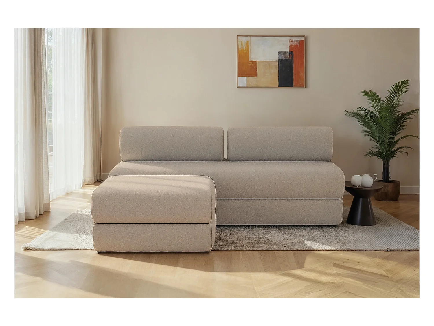 Canapé d'angle modulable et convertible 4 places - Tissu lisse - Taupe