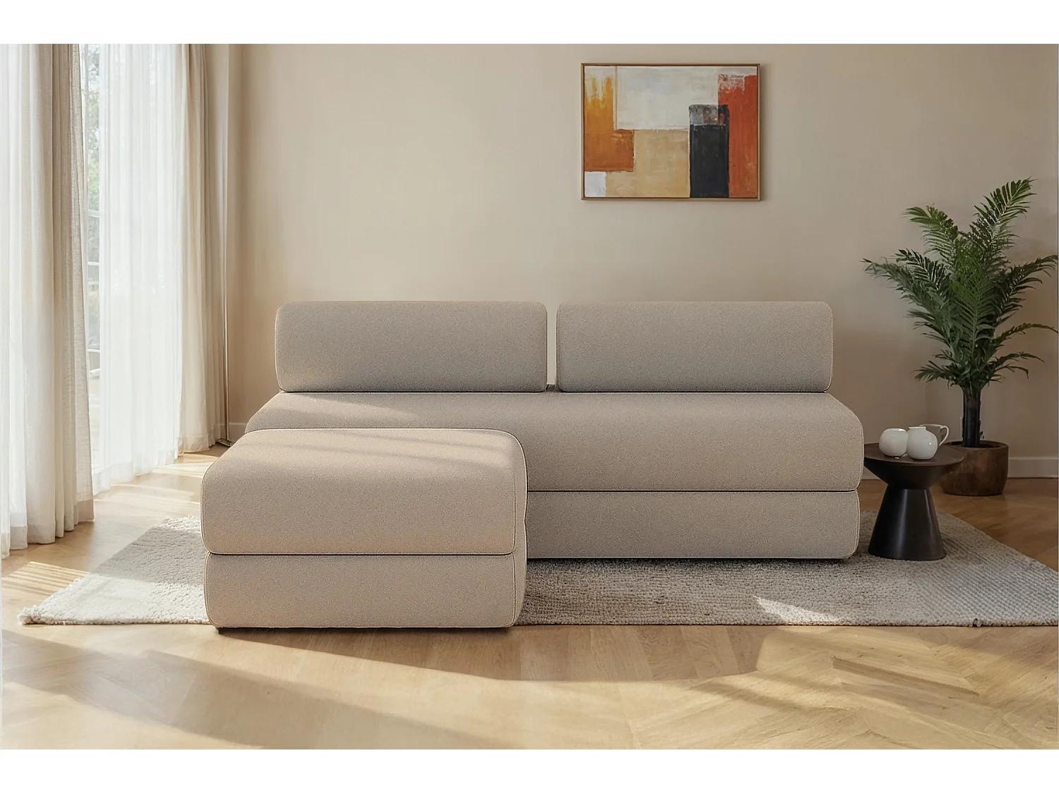 Canapé d'angle modulable et convertible 4 places - Tissu lisse - Taupe