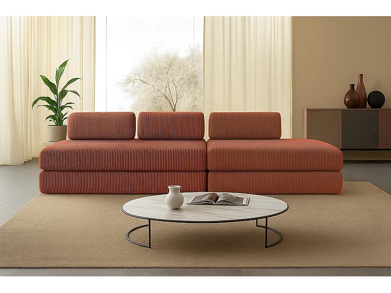 Canapé droit modulable et convertible 5 places - Velours côtelé - Terracotta