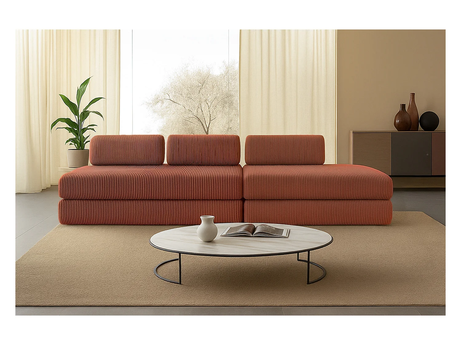 Canapé droit modulable et convertible 5 places - Velours côtelé - Terracotta