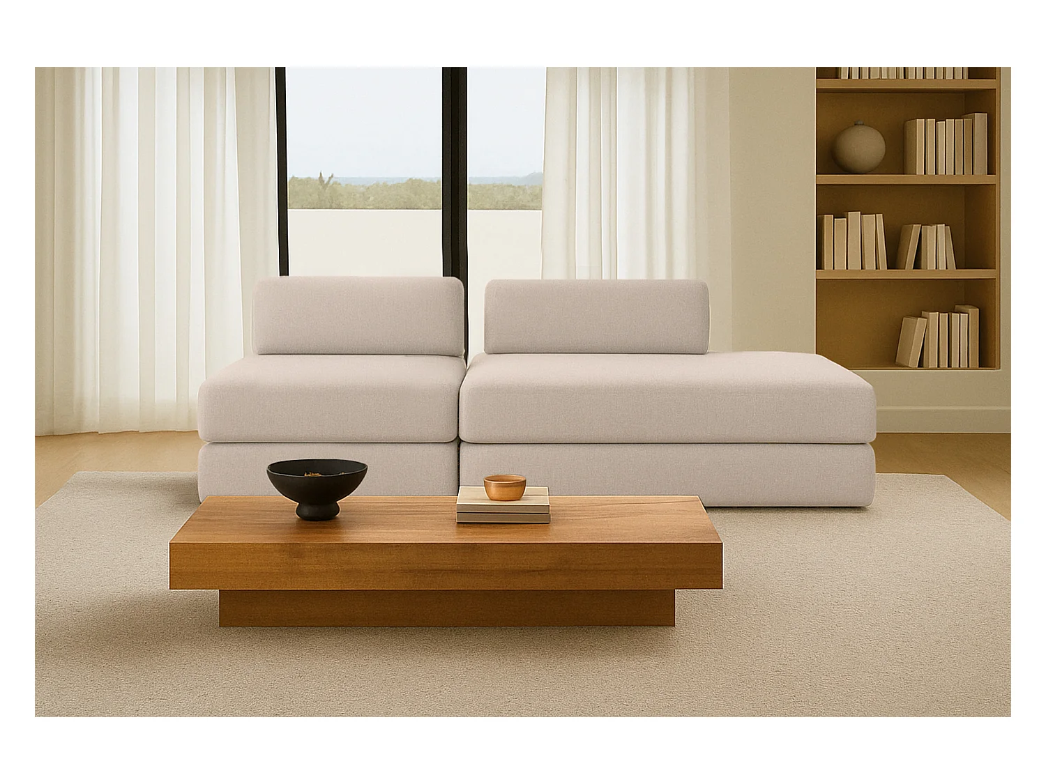 Canapé droit modulable et convertible 3 places - Tissu lisse - Beige