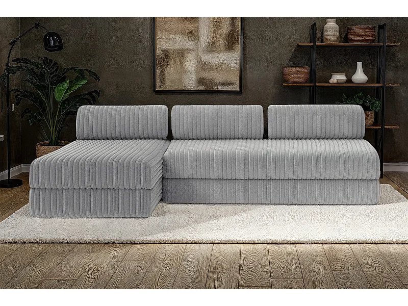 Canapé d'angle modulable et convertible 6 places - Velours côtelé XL - Gris clair