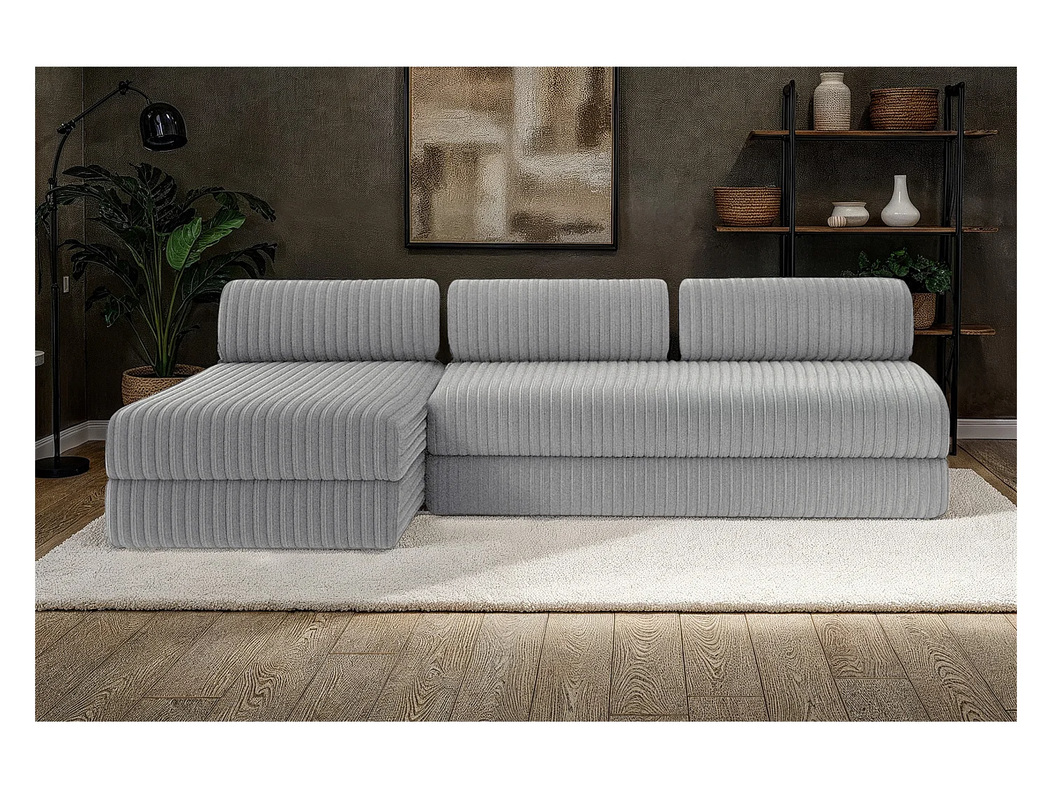 Canapé d'angle modulable et convertible 6 places - Velours côtelé XL - Gris clair