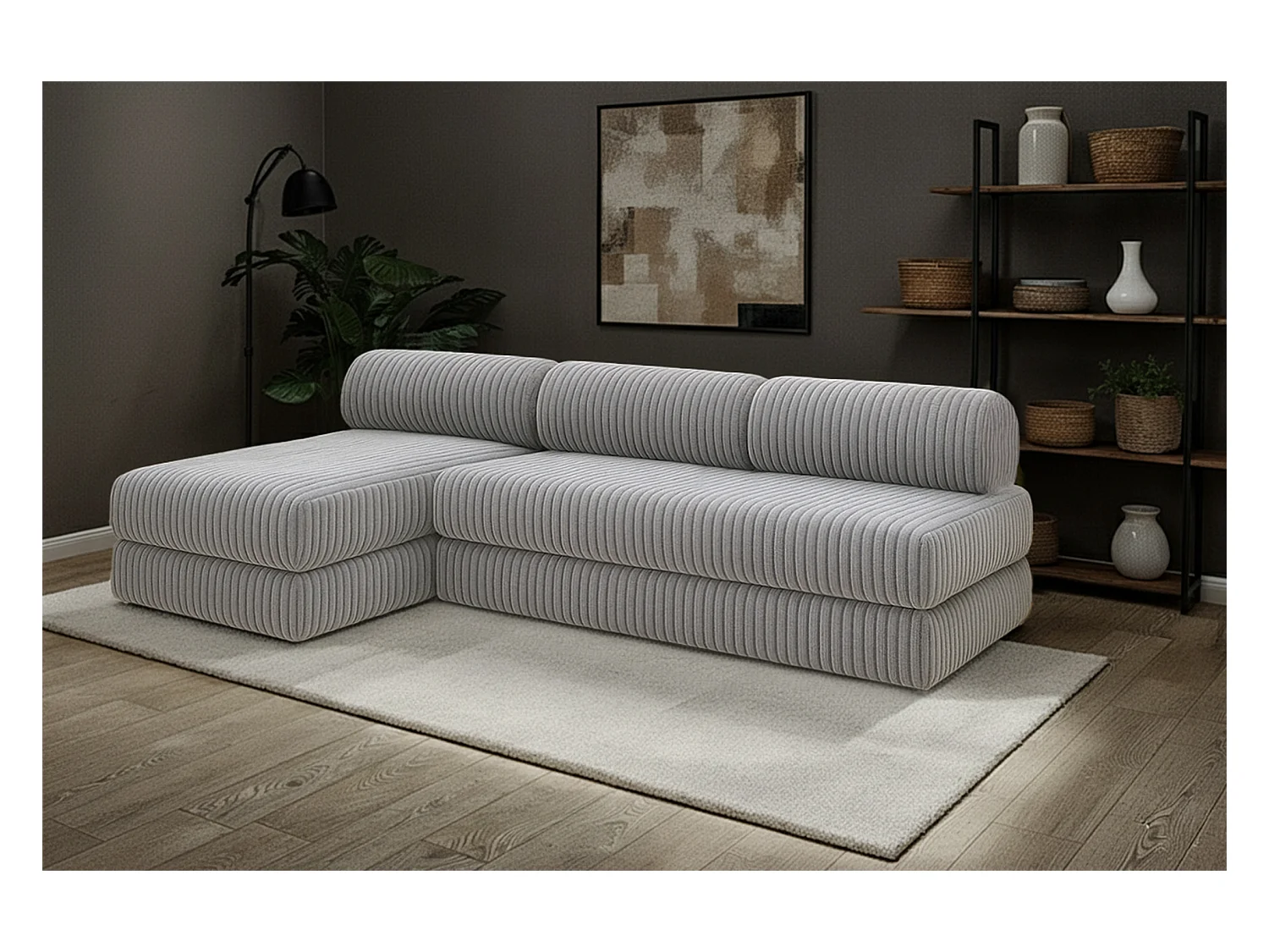 Canapé d'angle modulable et convertible 6 places - Velours côtelé XL - Gris clair