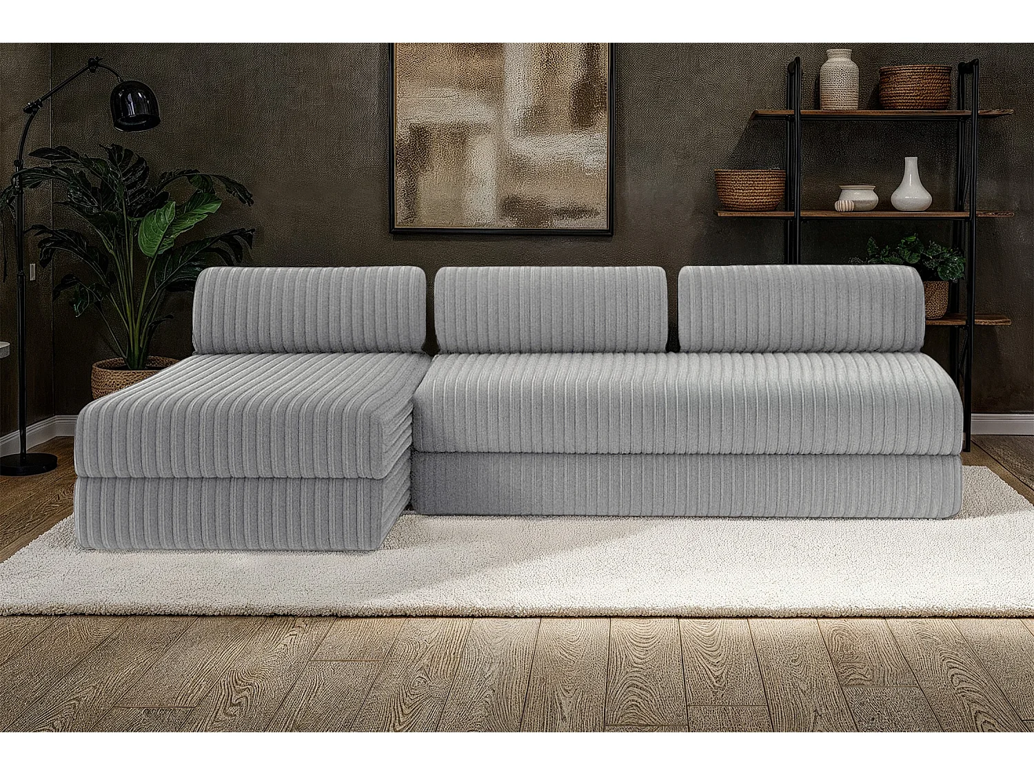 Canapé d'angle modulable et convertible 6 places - Velours côtelé XL - Gris clair