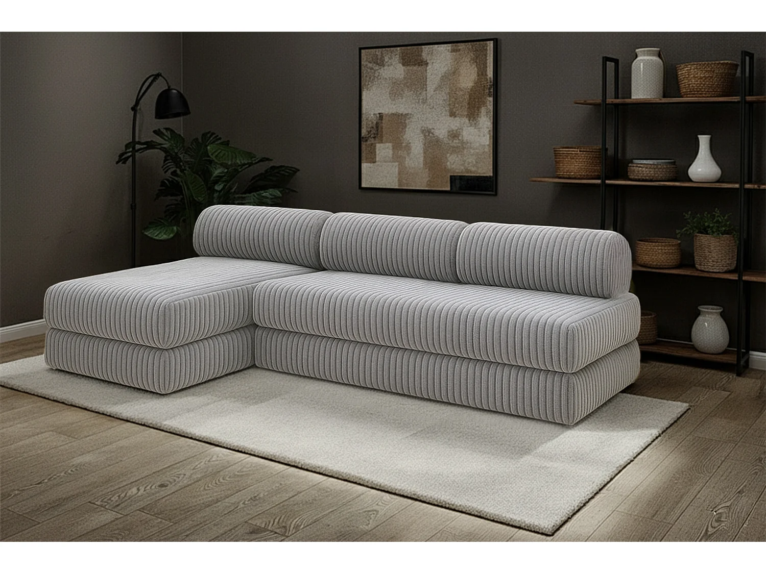 Canapé d'angle modulable et convertible 6 places - Velours côtelé XL - Gris clair