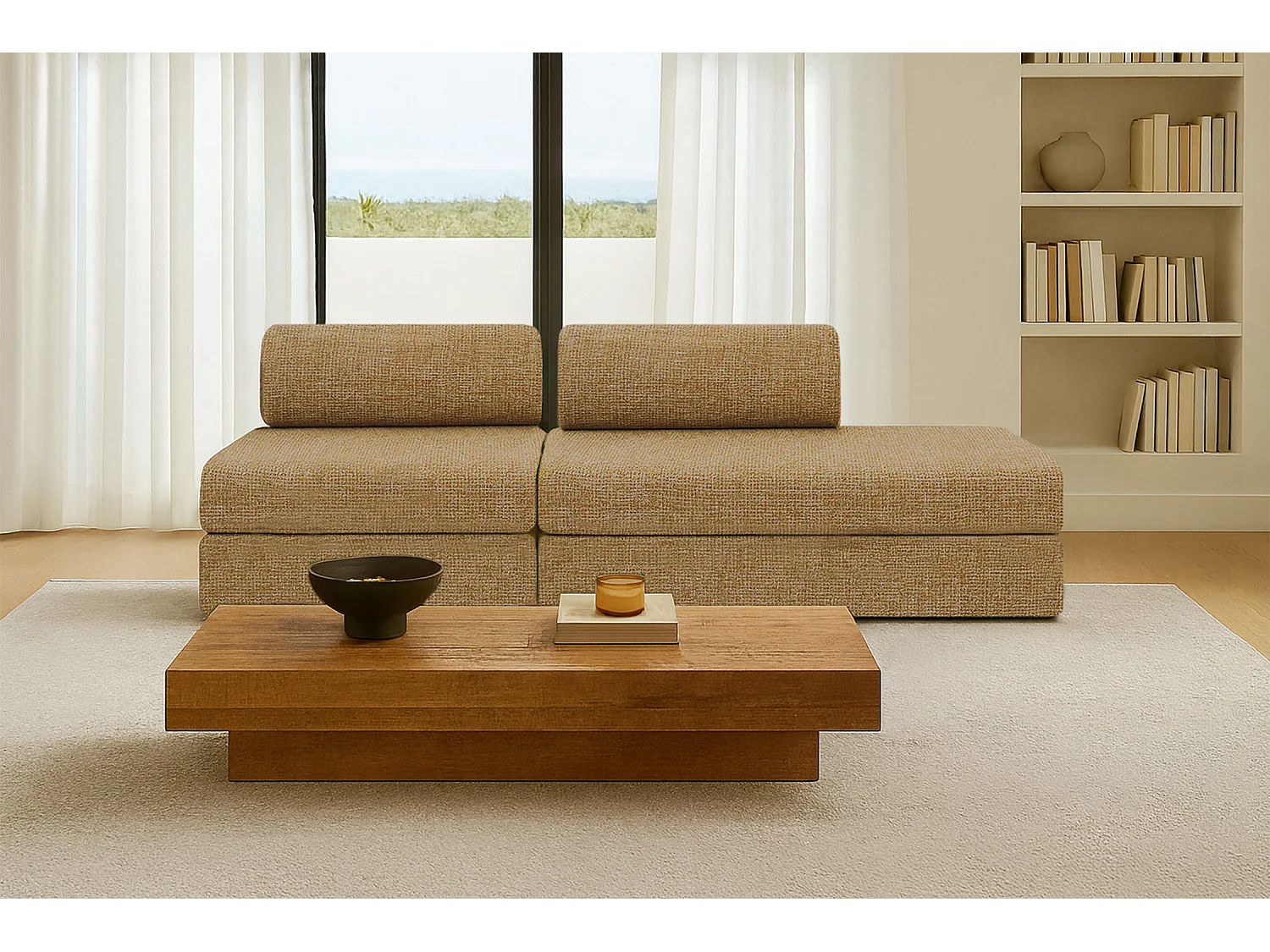 Canapé droit modulable et convertible 3 places - Tissu tweed - Jaune