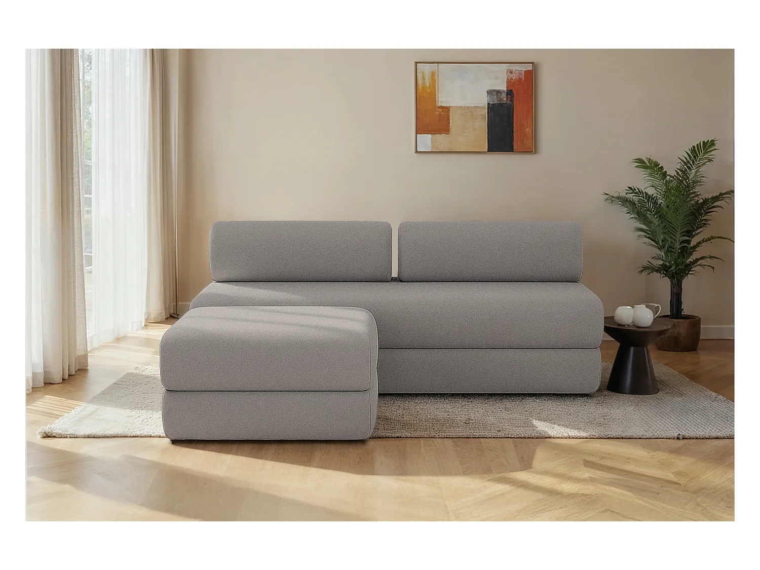 Canapé d'angle modulable et convertible 4 places - Tissu lisse - Gris