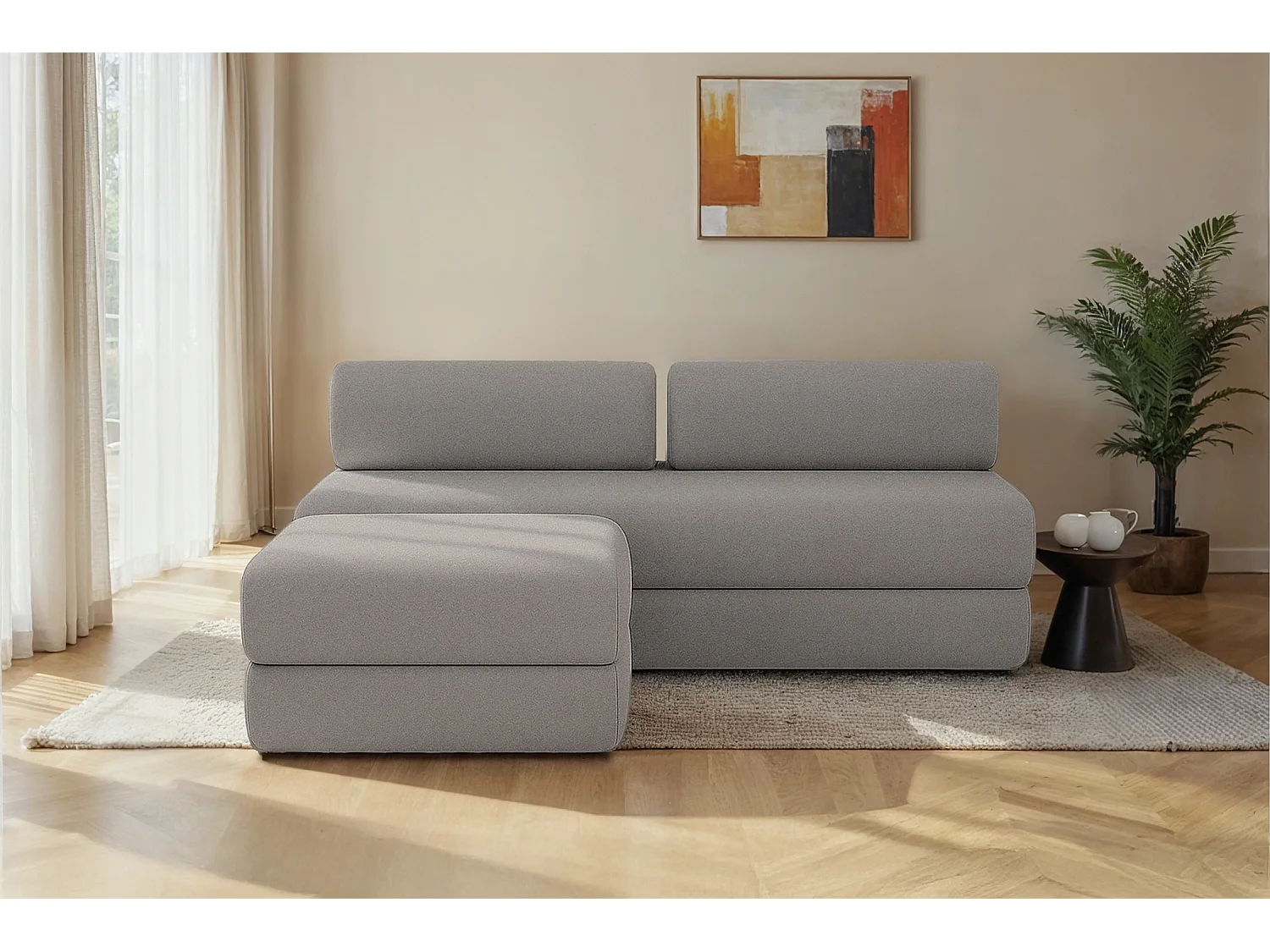 Canapé d'angle modulable et convertible 4 places - Tissu lisse - Gris