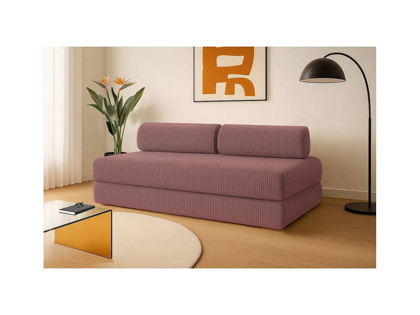 Canapé droit modulable et convertible 3 places - Velours côtelé - Rose