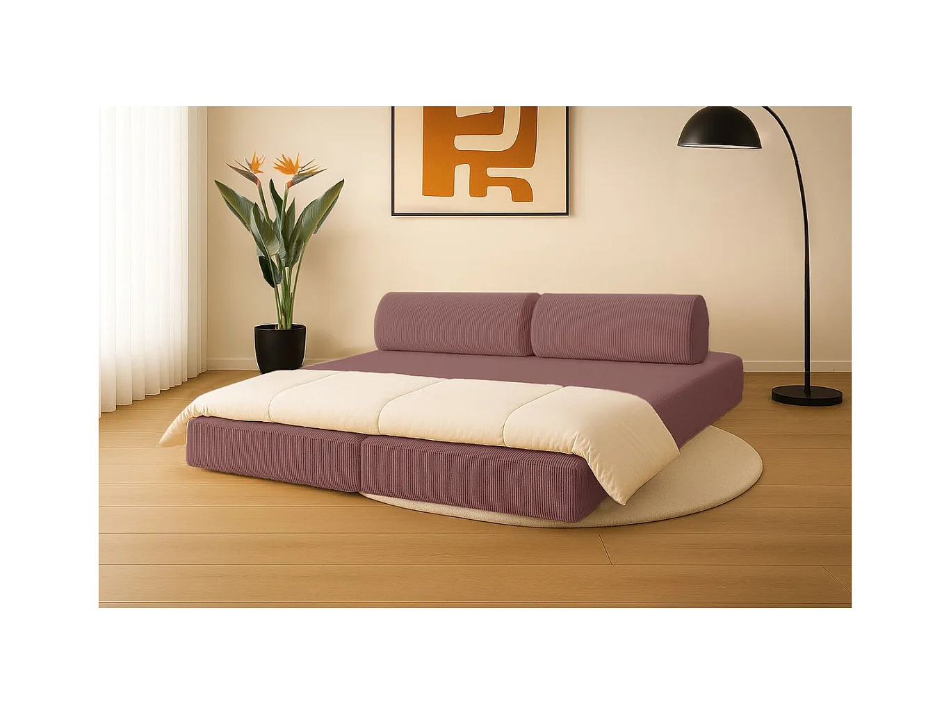 Canapé droit modulable et convertible 3 places - Velours côtelé - Rose