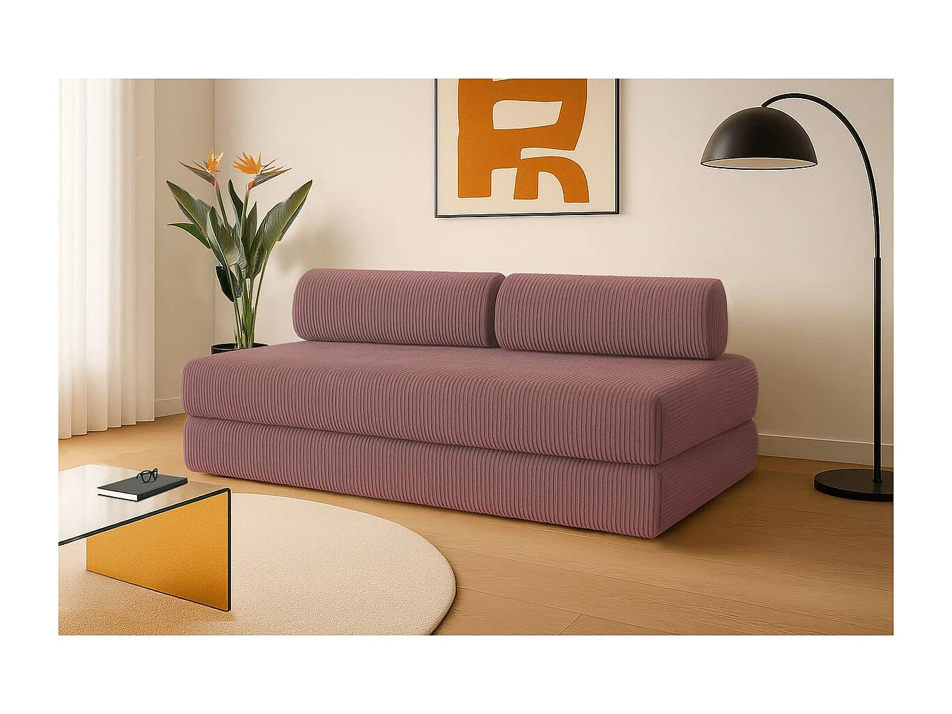 Canapé droit modulable et convertible 3 places - Velours côtelé - Rose