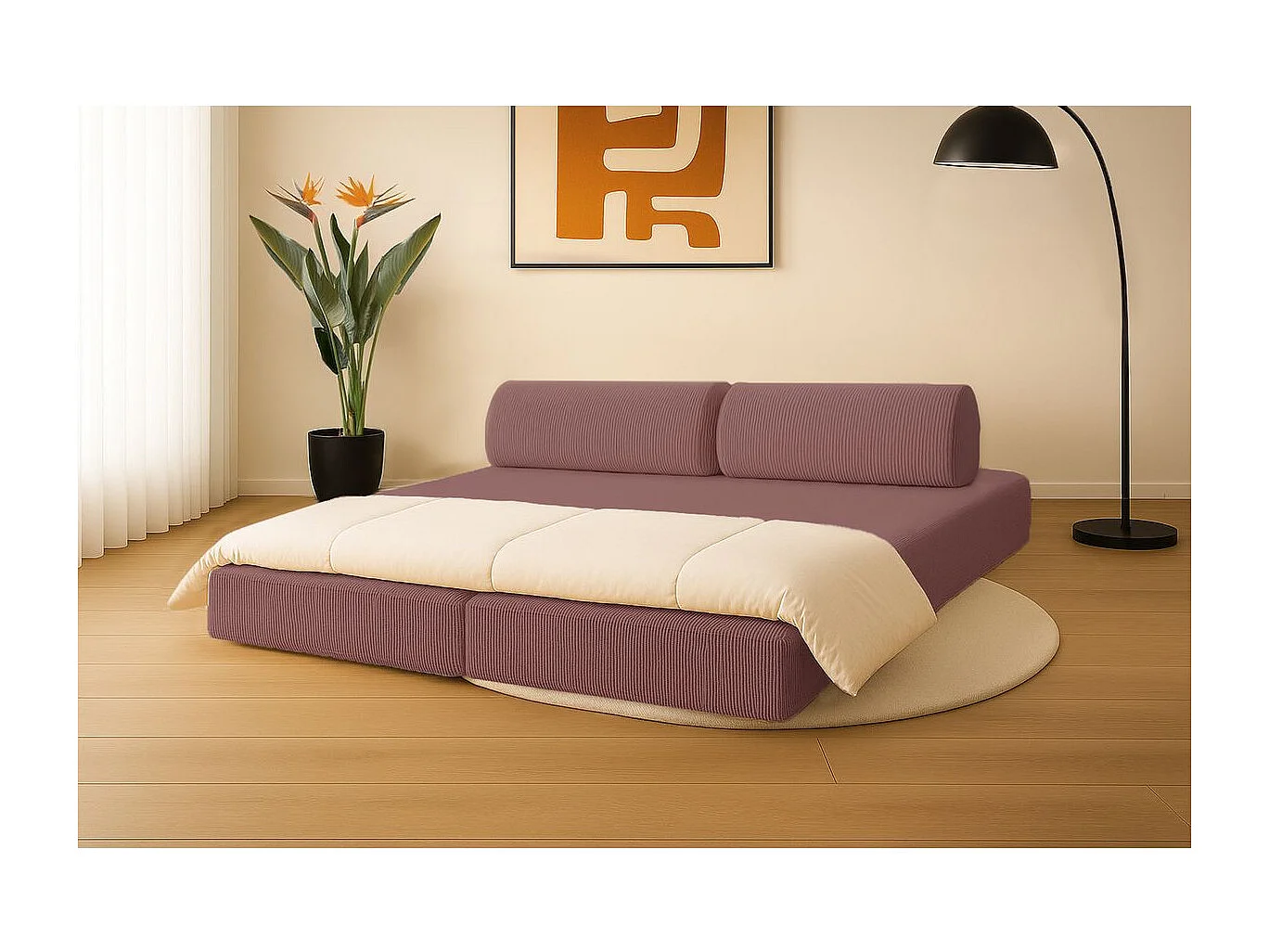 Canapé droit modulable et convertible 3 places - Velours côtelé - Rose