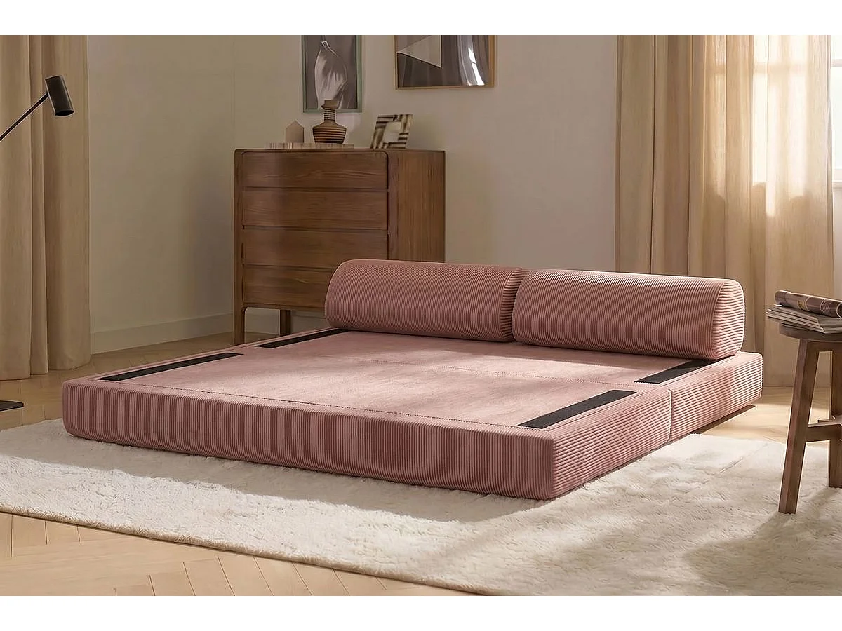 Canapé droit modulable et convertible 3 places - Velours côtelé - Rose