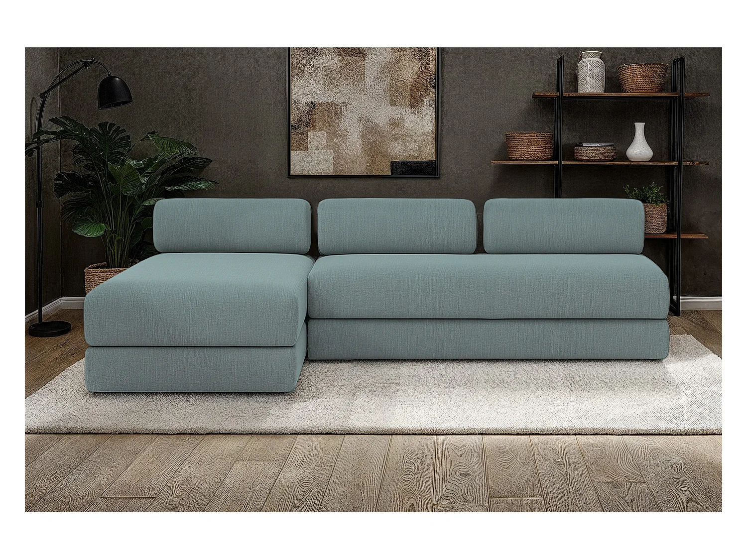 Canapé d'angle modulable et convertible 6 places - Tissu lisse - Bleu vert