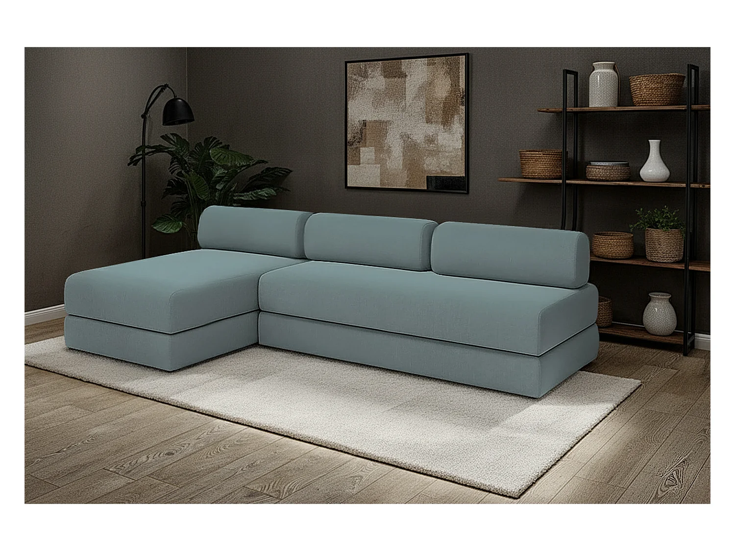 Canapé d'angle modulable et convertible 6 places - Tissu lisse - Bleu vert