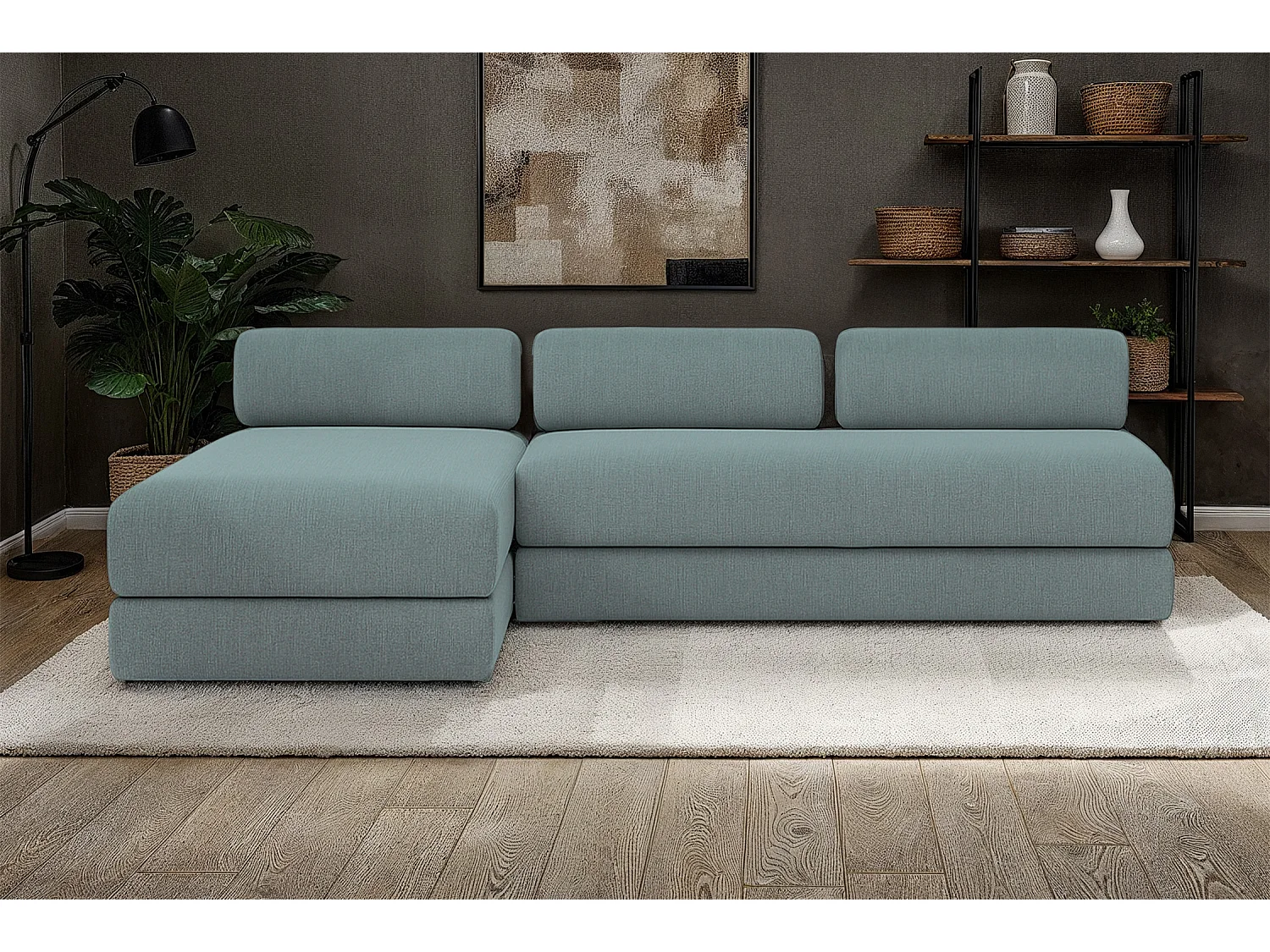 Canapé d'angle modulable et convertible 6 places - Tissu lisse - Bleu vert