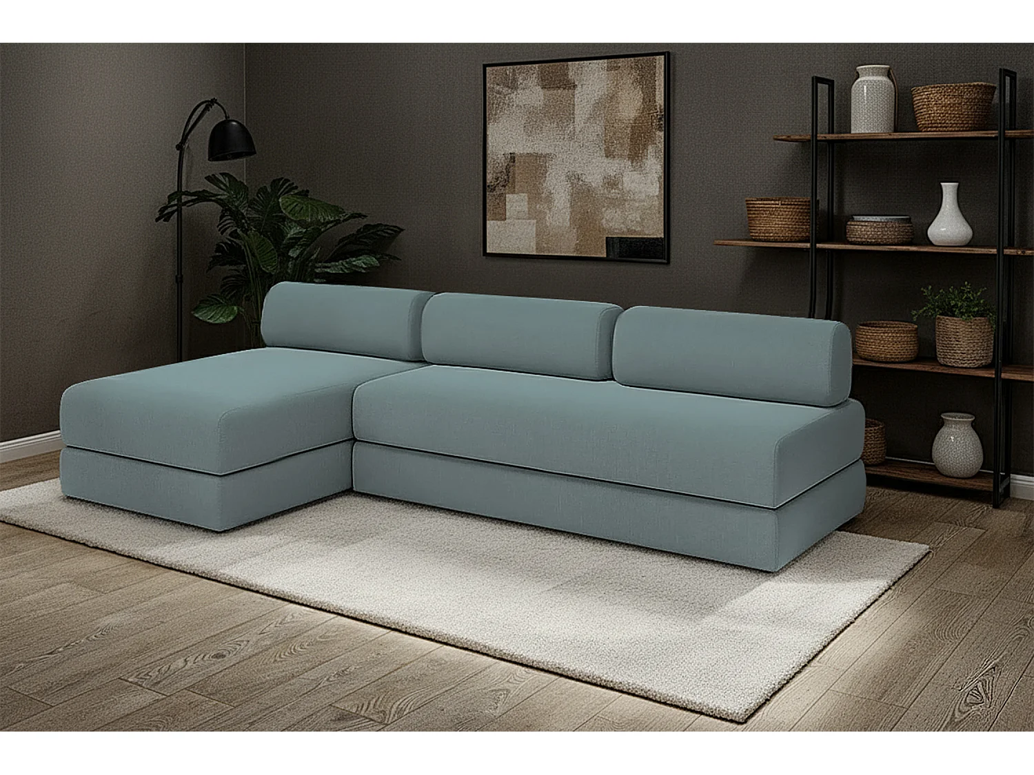 Canapé d'angle modulable et convertible 6 places - Tissu lisse - Bleu vert