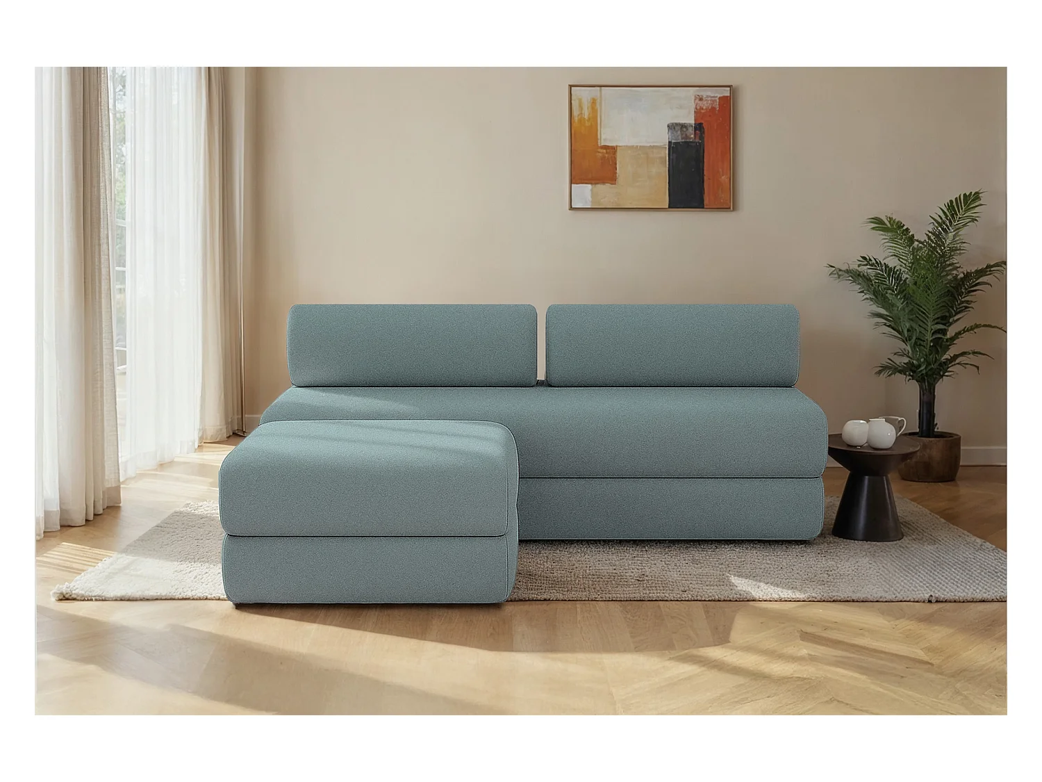 Canapé d'angle modulable et convertible 4 places - Tissu lisse - Bleu vert