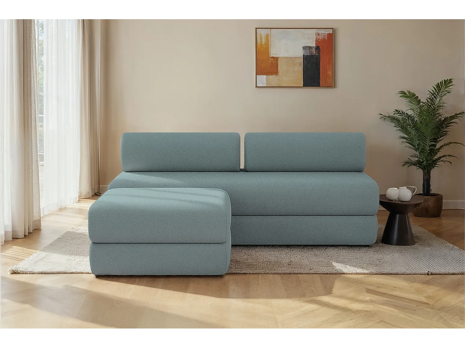 Canapé d'angle modulable et convertible 4 places - Tissu lisse - Bleu vert