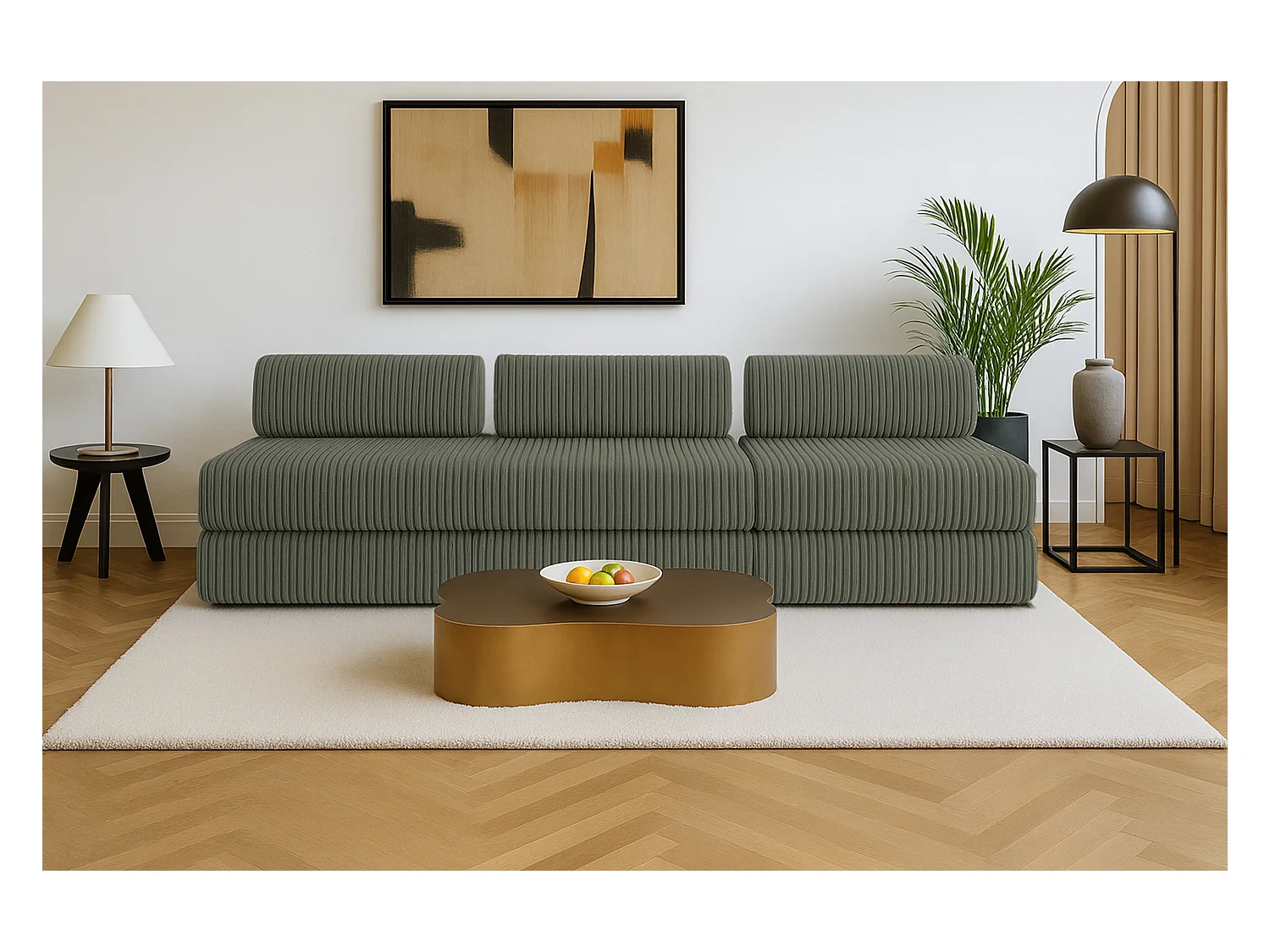 Canapé droit modulable et convertible 4 places - Velours côtelé XL - Vert