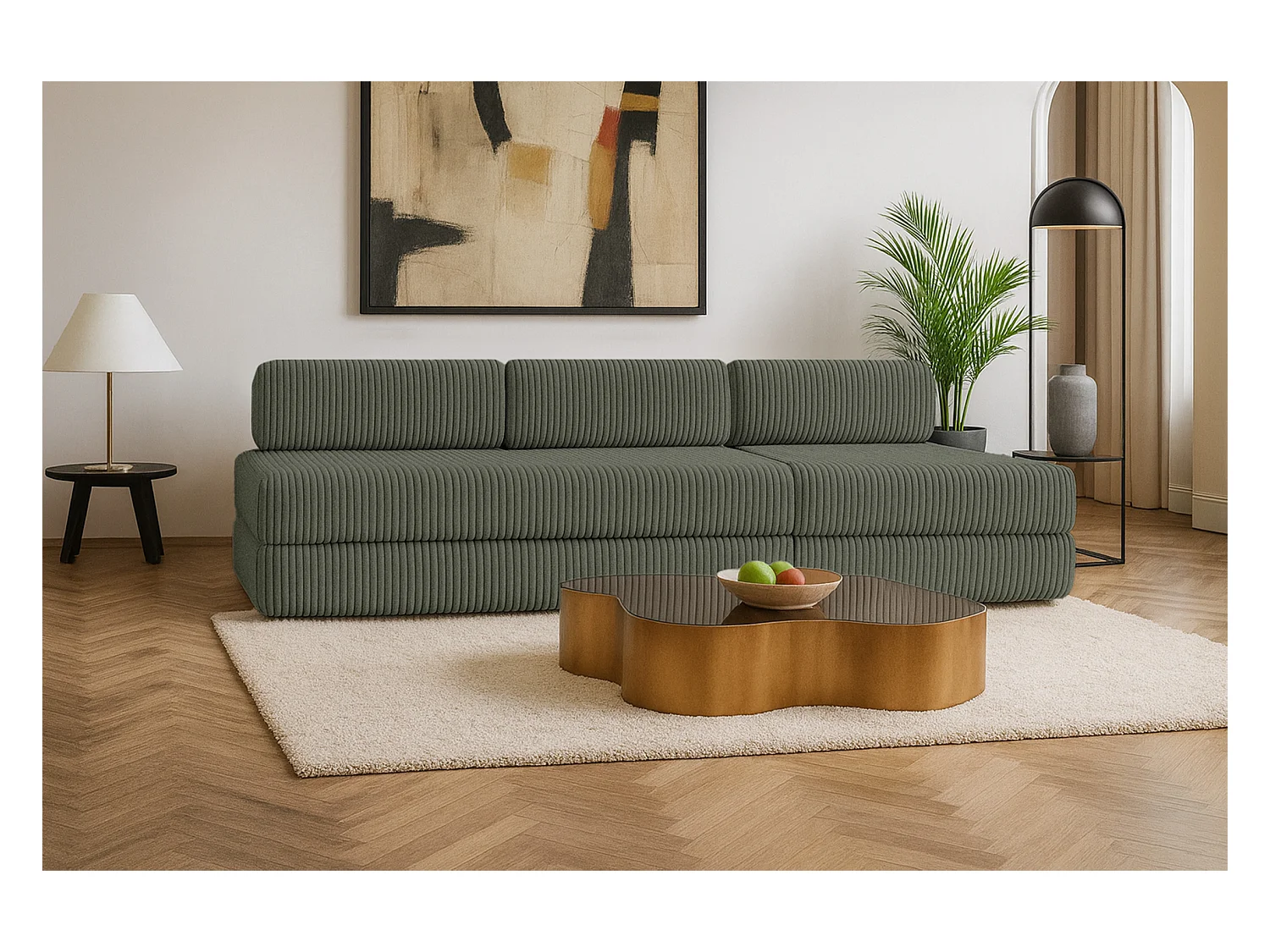 Canapé droit modulable et convertible 4 places - Velours côtelé XL - Vert