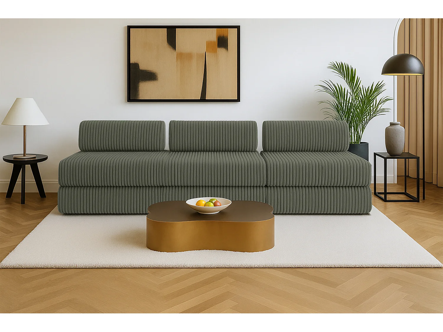 Canapé droit modulable et convertible 4 places - Velours côtelé XL - Vert