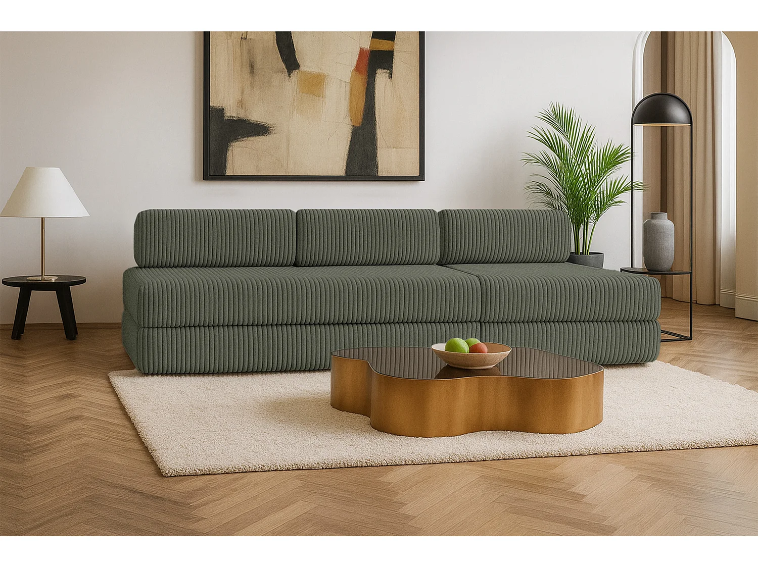 Canapé droit modulable et convertible 4 places - Velours côtelé XL - Vert