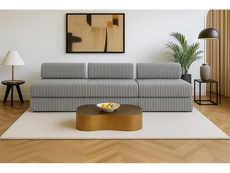 Canapé droit modulable et convertible 4 places - Velours côtelé XL - Gris clair